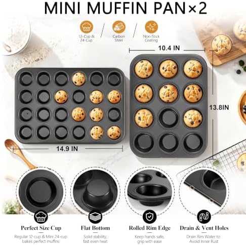 E-far Muffin Pan Set of 2, Regular 12-Cup & Mini 24-Cup Cupcake Pan