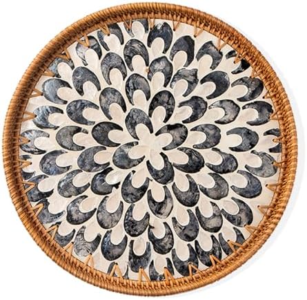 Round Rattan Tray with Mother of Pearl Inlay, Wooden Base
