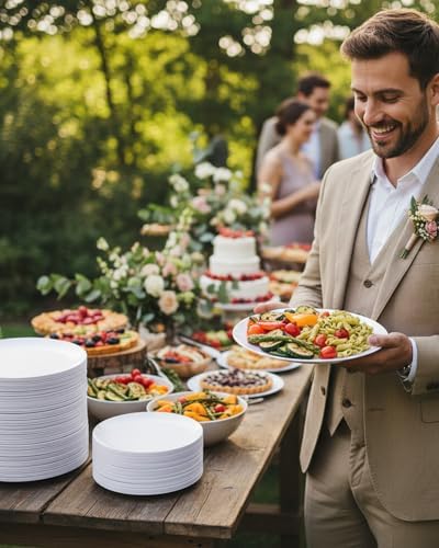 PULOTE 100PCS White Plastic Plates Disposable - Heavyweight 50 White Dinner & 50 Dessert/Salad Plates for Wedding, Party