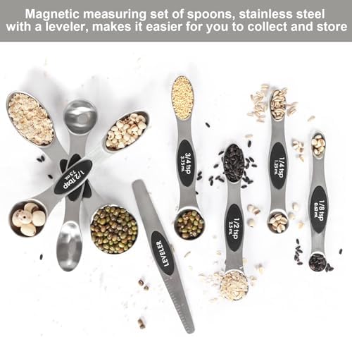 Magnetic Measuring Spoons Set with Leveler, Stackable Stainless Steel Tablespoons for Baking, Fits in Spice Jars