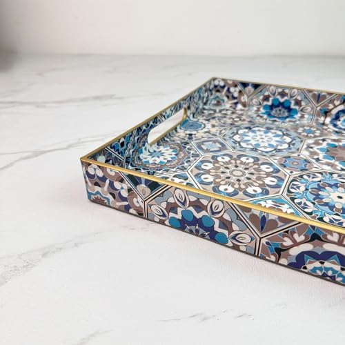 Boho Coffee Table Tray, Decorative Serving Tray with Handles, Large Tray for Ottoman,Coffee Table，Living Room Modern, Blue，