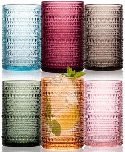 GGOLDMER Colored Hobnail Drinking Glasses Set of 6, 12oz Vintage Highball Glasses, Kitchen Glassware, Beaded Glass Cups for Iced Coffee, Cocktail, Beer, Juice, Cocktail, Whiskey, Milk