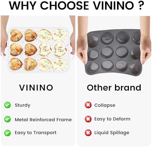 Vinino Silicone Heart Shaped Muffin Pan with Metal Reinforced Frame, 1 Pack Cupcake Pan, Silicone Heart Mold for Baking, Chocolate Bar and Egg Bites, Dishwasher Safe
