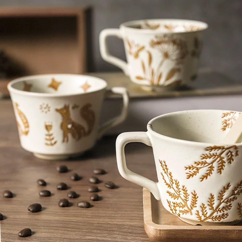 Small Ceramic Mug 1 pc, 11oz - Vintage Coffee Mug, Pottery Cups for Milk, Latte, Cappuccino, Tea - Handmade Porcelain Dishwasher, Microwave Safe Stoneware Gift for Women Men, Brown Leaf