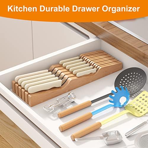 In-Drawer Knife Block Organizer - Bamboo Wood Drawer Knife Organizer-Protecting Knife Organizer Block (Not Included) (Natural, 11 Knives Dock)