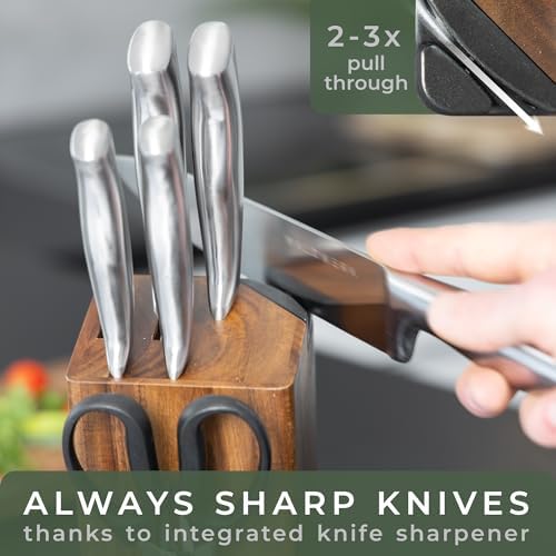 WALDWERK Knife Set - 7pcs Kitchen Knife Set with Block and Integrated Sharpener - Kitchen Knife Set - Knife Block Set - Kitchen Knifes - Knives Set for Kitchen - Knife Block - Knife Set with Block