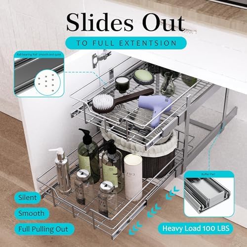 2 Tier Pull Out Cabinet Organizer 18" W X 22" D, Chromed, Full Slide Out