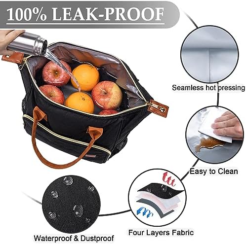 Black Lunch Box for Women Insulated Lunch Bag for Work - Adult Stylish Lunch Tote Bag for Shopping Soft Cooler for Beach Picnic Travel