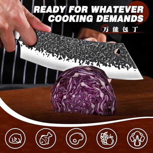 Huusk Butcher Knives for Meat, Hand Forged Carbon Steel Viking Kitchen Knife Set with Roll Bag, Meat Cleaver Chef Knife Sets for Cooking Camping BBQ, Gift for Men Husband
