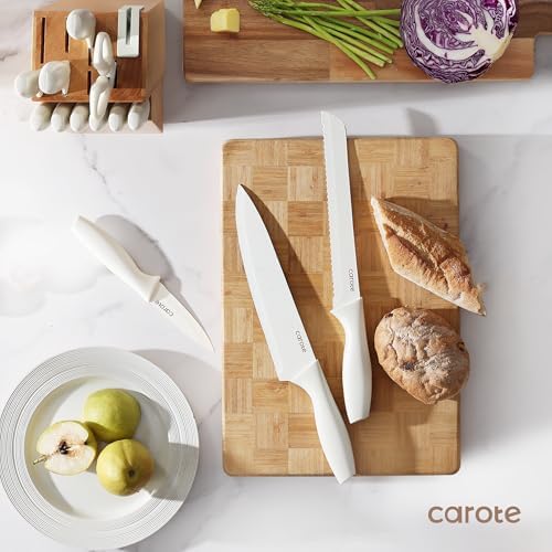 CAROTE 15-Piece Knife Set, Wood Block with Built-In Sharpener, Cream