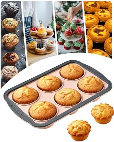 Silicone Muffin Pan for Baking with Metal Frame， Nonstick Cupcake Pan, 6 Cup Baking Pan for Cupcake, Tarts, Egg Bites(6 Cup Pink)