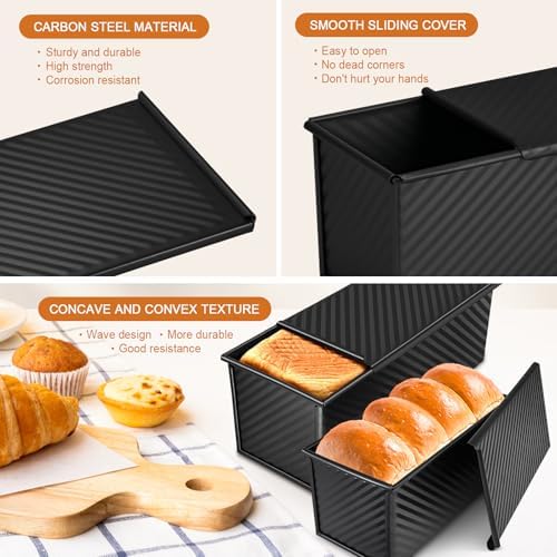 2.2lb Pullman Loaf Pan with Lid, Nonstick Carbon Steel Square Bread Pan for Baking Shokupan, Sandwich, Pain de Mie & Sourdough – Includes 6 Bonus Tools