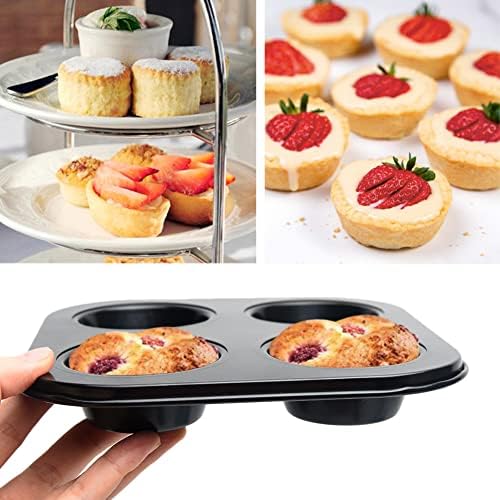 4 Cup Muffin Pan for Oven Baking, Carbon Steel Cupcake Baking Pan Nonstick Round Mini Muffin Tin Pie Pans Cake Mold for Making Muffins Cupcakes Frittatas Tarts Pudding(Black 2 pcs)