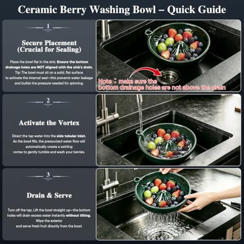 Ceramic Berry Washing Bowl with Auto-Spin Swirl Drainage