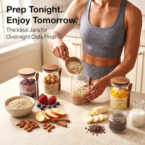 EDELHAUS Overnight Oats Containers with Lids - Glass Mason Jars, Meal Prep