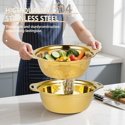 Gulex Colander Stainless Steel 4-quart with Bowls, Strainer Kitchen, Gold