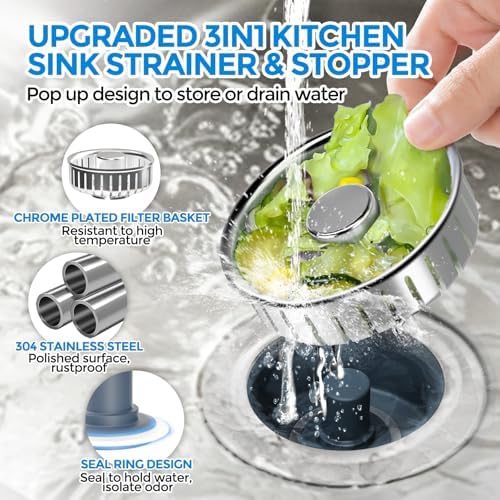 zaa 3 in 1 Kitchen Sink Drain Strainer Stopper Removable Basket Pop-Up