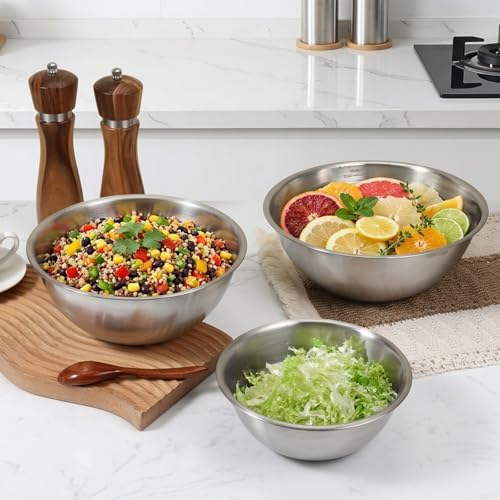 5 Pack Stainless Steel Mixing Bowls with Marks, Heavy Duty Nesting Bowls Set, Food Grade 304, Dishwasher Safe & Stackable for Cooking, Baking, Prepping (1, 1-1/2, 2, 2-1/2, 3-1/2 QT)