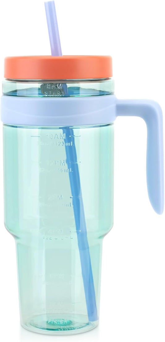 50oz Tritan Plastic Tumbler with Lid, Straw and Handle | Leak-Proof BPA-Free Cup with Time Marker | Reusable Tumbler for Iced Coffee, Milkshakes, Sports Drinks, Beer