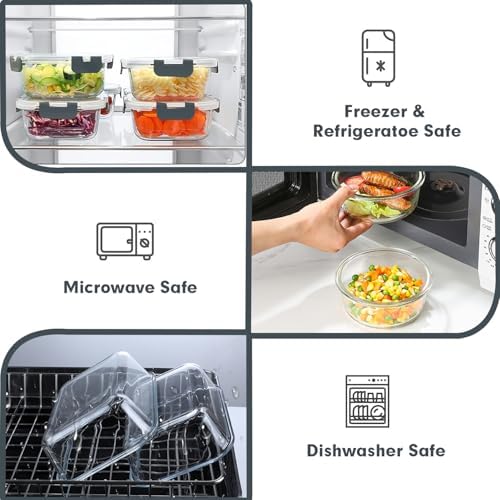 VERONES 30 Pieces Glass Food Storage Containers Set with Lids, Grey