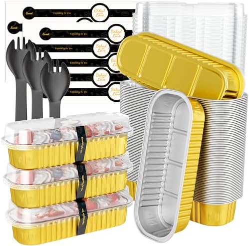 100 Pack Mini Loaf Pans with Lids and Spoons, 6.8oz Mini Cake Pans for Baking, Disposable Rectangle Aluminum Foil Small Loaf Baking Pans Cake Tins, Individual Small Cake Containers with Sticker, Gold