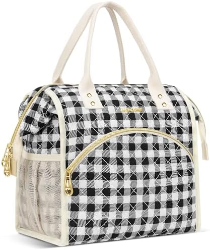LOKASS Insulated Lunch Bag Women- Reusable 10 L Lunch Box for Women - Leakproof Tote Cooler Bag for Adults Work, Beach, Travel, Picnic （Black&White Diamond Grid）