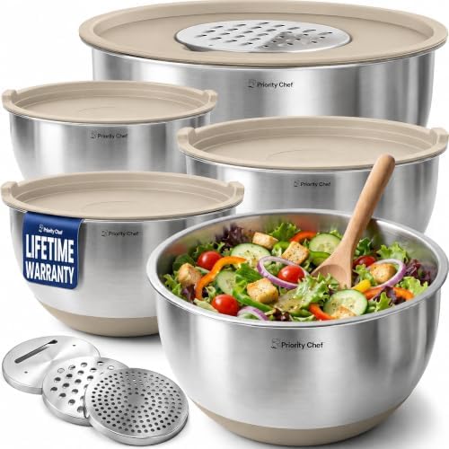 Priority Chef Stainless Steel Mixing Bowls with Lids Set, 3 Grater Attachments, Airtight Lids, Non-Slip Silicone Base Mixing Bowl Set, Large Prep Metal Mixing Bowls for Kitchen, Khaki