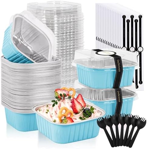 50 Pack Mini Cake Pans With Lids And Spoons,5oz Square Aluminum Foil Brownie Baking Cups,Small Cake Tins,Individual Cake Pans With Lids for Wedding Birthday Party (Blue)