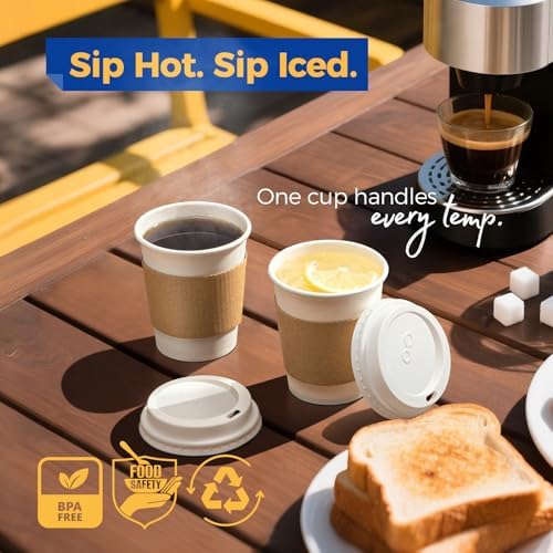 Fit Meal Prep 100 Pack 8 oz Disposable Coffee Cups with Lids, Sleeves, Leak-Proof To Go Coffee Cups with Lids, Durable Hot Paper Cups for Hot Cocoa and Coffee Bar Supplies