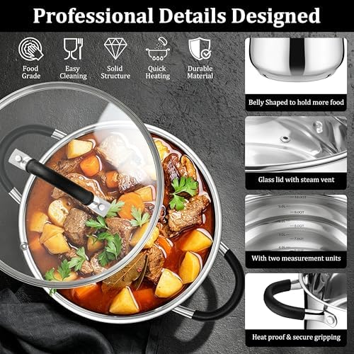 E-far 10 Quart Stock Pot, Stainless Steel Pot for Cooking Soup Simmering Stew, Tall Induction Pot with Visible Lid, Large Pot w/Tri-Ply Base & Dual Heat Proof Handles, Non-Toxic & Dishwasher Safe