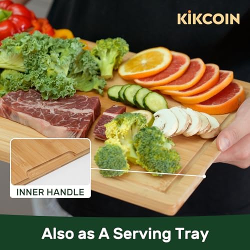 Kikcoin 24”×18” Bamboo Cutting Boards for Kitchen, Wooden Healthy Cutting Boards for Charcuterie, Vegetables, Cheese, Bread, Extra Large Chopping Boards with Deep Juice Groove and Handle, Natural