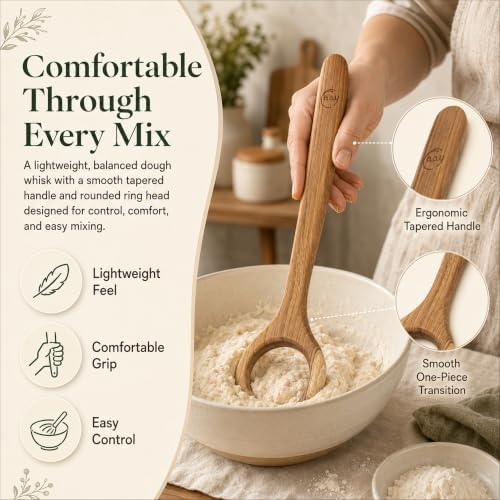 FAAY 13" Dough Whisk, 100% Healthy Teak Kitchen Utensils for Bread Mixing, Sourdough, Batter Preparation, Baking, and Cooking Tools