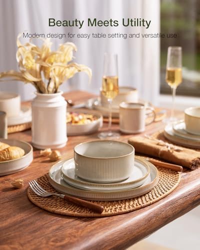 Famiware Star Stoneware Dinnerware Sets with Pasta Bowls, 24pc Dishes for 6