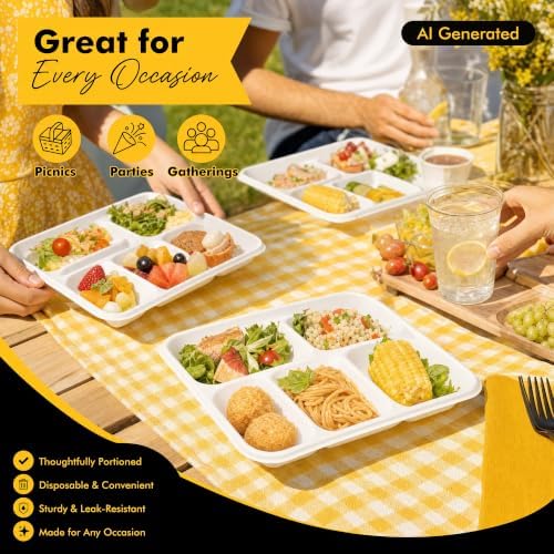 RACETOP White Compostable 5 Compartment Paper Plates 125 Pack