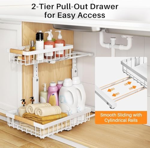 PXRACK Under Sink Organizer, Adjustable Height, 2 Tier Pull Out Under Cabinet Organizer, Slide Out Thickened Metal Under Sink Storage for Kitchen Bathroom Laundry Pantry Cabinet, White, Large-2-Pack