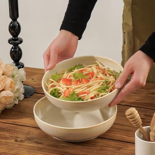 30oz Ceramic bowls set of 4-8" serving bowls for Kitchen,Pasta,Salad-Dishwasher & Microwave Safe Perfect for Housewarming, Thanksgiving, Christmas-Reactive Glaze Mixed White