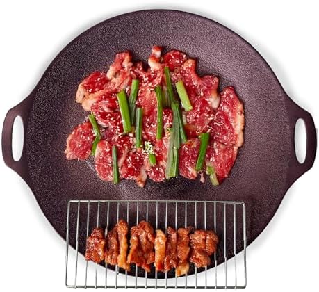 TECHEF - 14-inch Nonstick Round Griddle Grill Pan for Korean BBQ/Teppanyaki Pan, Tawa, Roti Pan/Induction Ready/Made in Korea (Griddle with Rack)