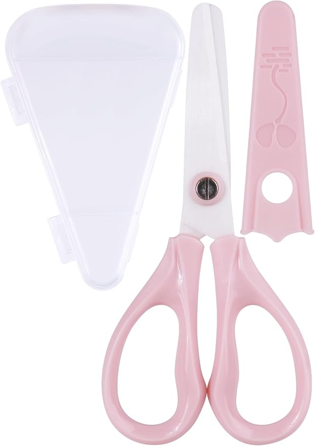 Baby Food Scissors Kicthen Shears - Portable Healthy Cute Kids Ceramic Scissors with Storage Case - Ideal for Cutting Meat, Chicken, Vegetables, and Fruits (Pink)