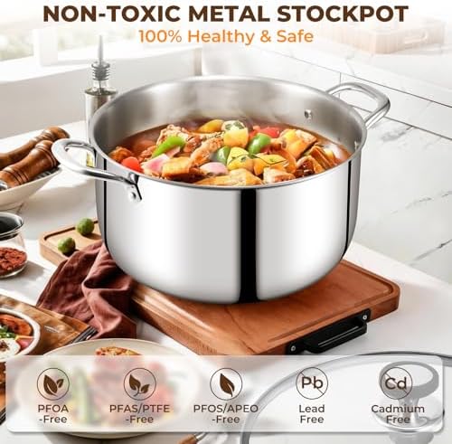 Tri-Ply Stainless Steel Stock Pot, 20 Quart Heavy Duty Induction Cooking Pot with Visible Lid for Pasta, Soup, Spaghetti, Sturdy & Double Handle, Dishwasher Safe