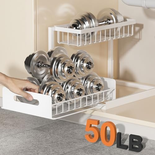 REALINN Under Sink Organizer, L-Shaped 2 Tier Pull Out Cabinet Organizer