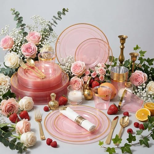 WELLIFE 210Pcs Clear-Pink Plastic Dinnerware- Pink and Gold Plastic Dinnerware include 30 Dinner Plates, 30 Dessert Plates, 90 Gold Silverware, 30 Cups and 30 Napkins Perfect for Parties