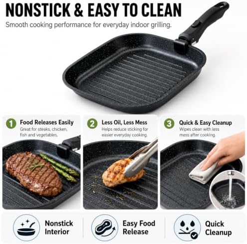 Stove Top Grill Pan, 10.8-Inch Square Pan for Steak, Detachable Handle