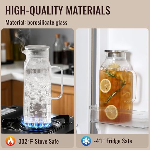 2 Pack 2 Liter/68 oz Square Glass Pitcher with Lid, Classic Stripes Water Pitchers with Handle for Fridge, Large Jug for Iced Tea, Borosilicate Glass Carafe for Hot/Cold Brew Drink, Silver