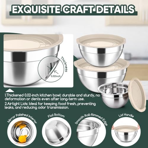 Herogo Stainless Steel Mixing Bowls with Lids Set of 3, 1.5/3/4.6Qt, Khaki