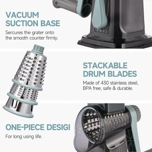 Rotary Cheese Grater with Handle Kitchen Shredder Slicer Grater Slicer Ice Shaver Cheese Vegetable Nuts Potato Zucchini Chocolate 3 Interchangeable Blades (GreyBlue)