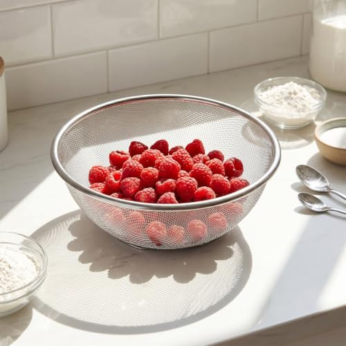 Fine Mesh Strainer, 8.8Inch Stainless Steel Colander Metal Strainer with Resting Base Mesh Strainers Net Basket, Stainless Steel Strainers with Handle for Pasta Spaghetti Vegetables Fruit Pot Draining