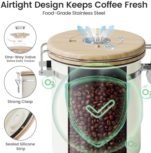 Veken Coffee Canister with Window, Airtight Stainless Steel Container, 16OZ