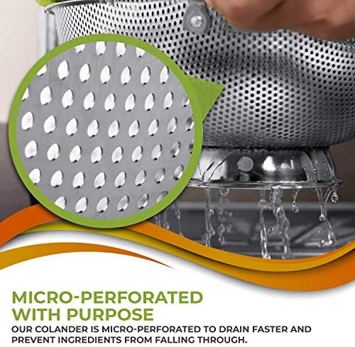 LiveFresh Stainless Steel Micro-Perforated 5-Quart Colander - Professional Strainer with Heavy Duty Handles and Self-draining Solid Ring Base - Dishwasher Safe