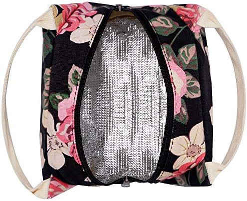 EurCross Floral Lunch Bag Classic for Women Girls, High Grade Cotton Canvas Insulated Lunch Box Bag Hold Bento Box or Round, Square and Uniquely Shaped Lunch Containers, Small Light Weight for Carry