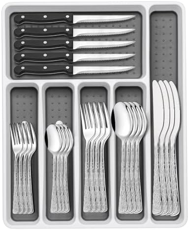 49-Piece Silverware Set with Organizer, Food-Grade Stainless Steel Flatware for 8, Cutlery Utensil Sets with Steak Knives, Rust-proof, Mirror Polished, Dishwasher Safe, Silver Tree Pattern